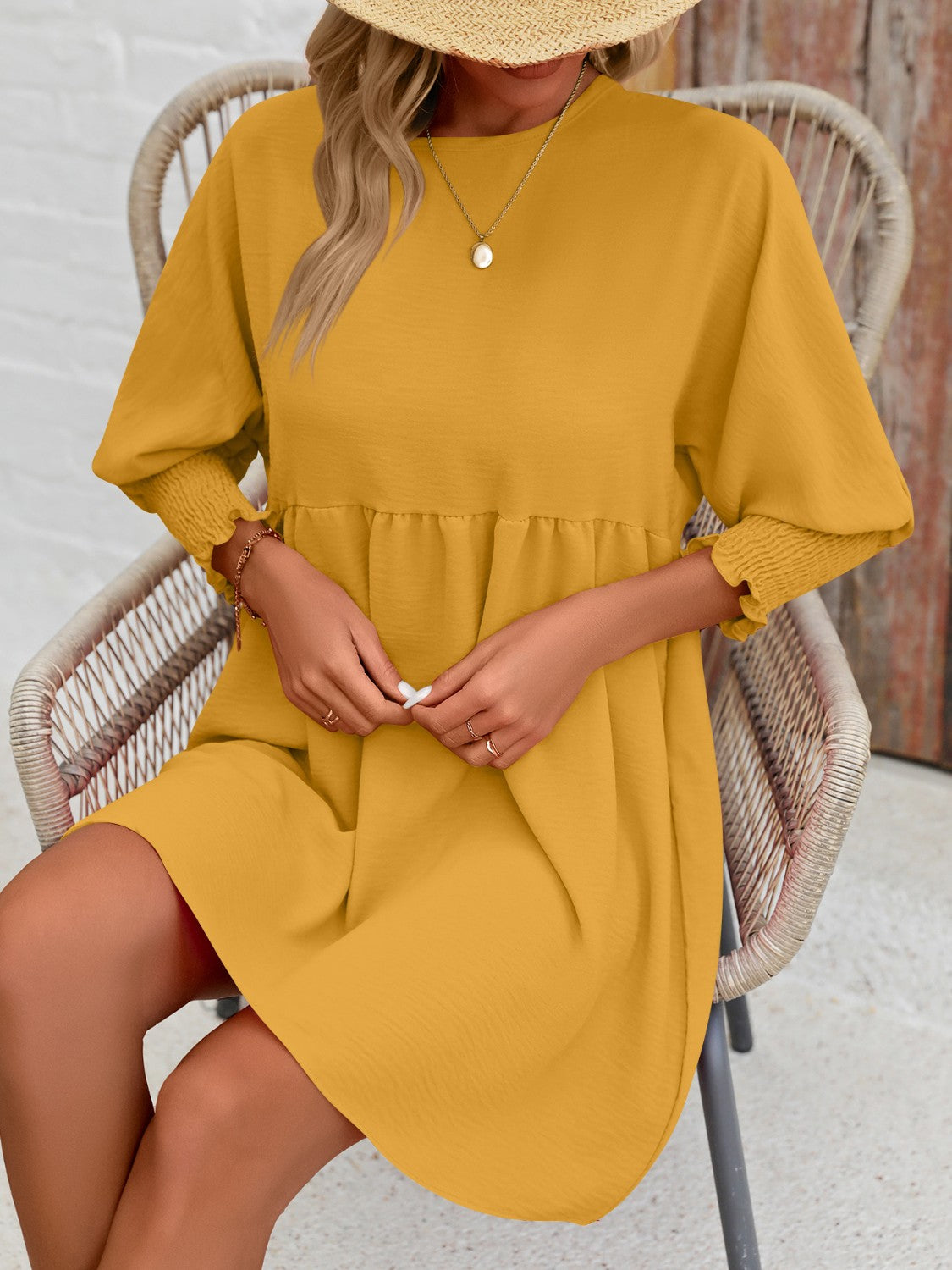 Lantern Sleeve Round Neck Mini Dress