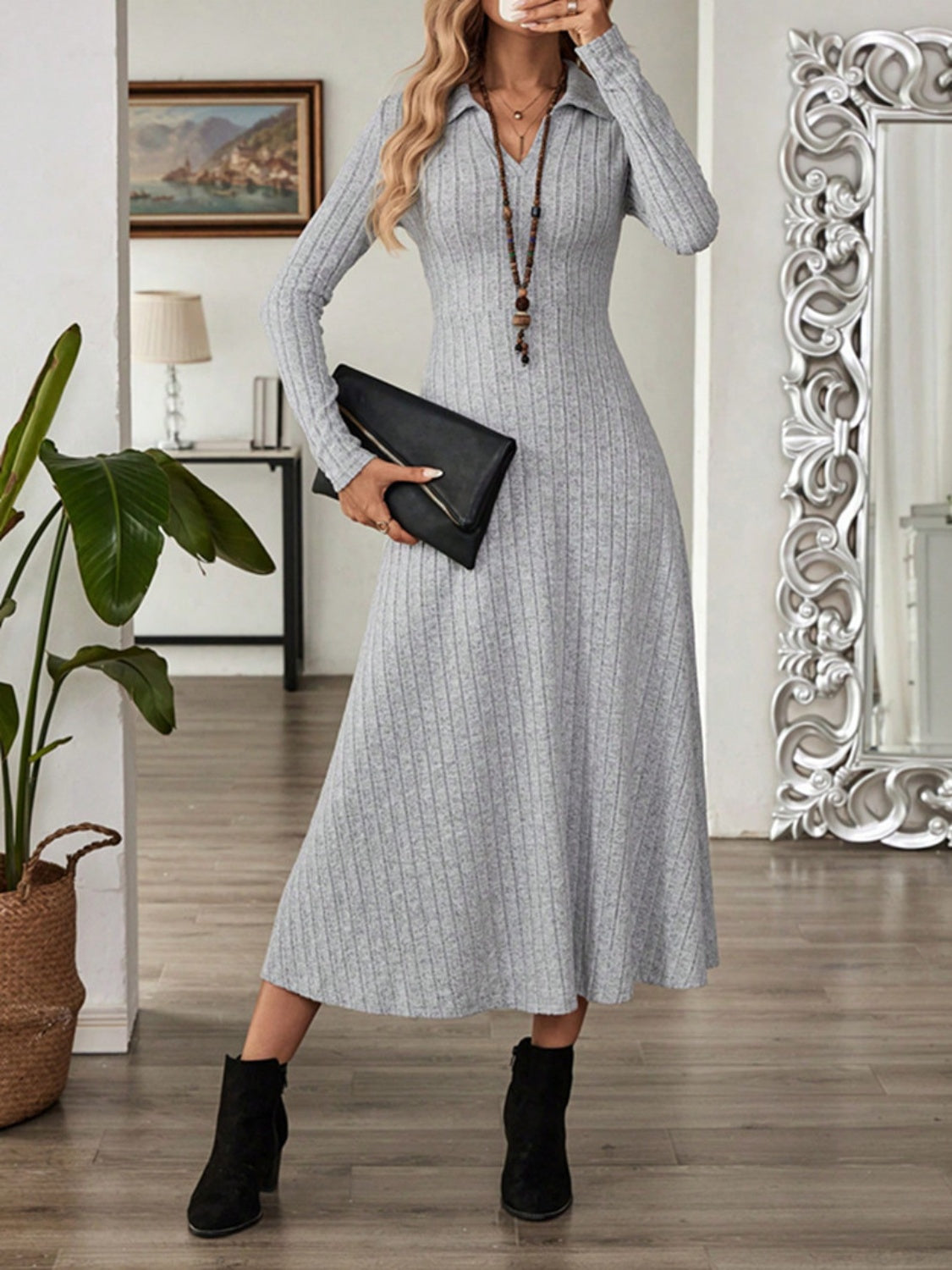 Collar V-Neck Long Sleeve Sweater Dress