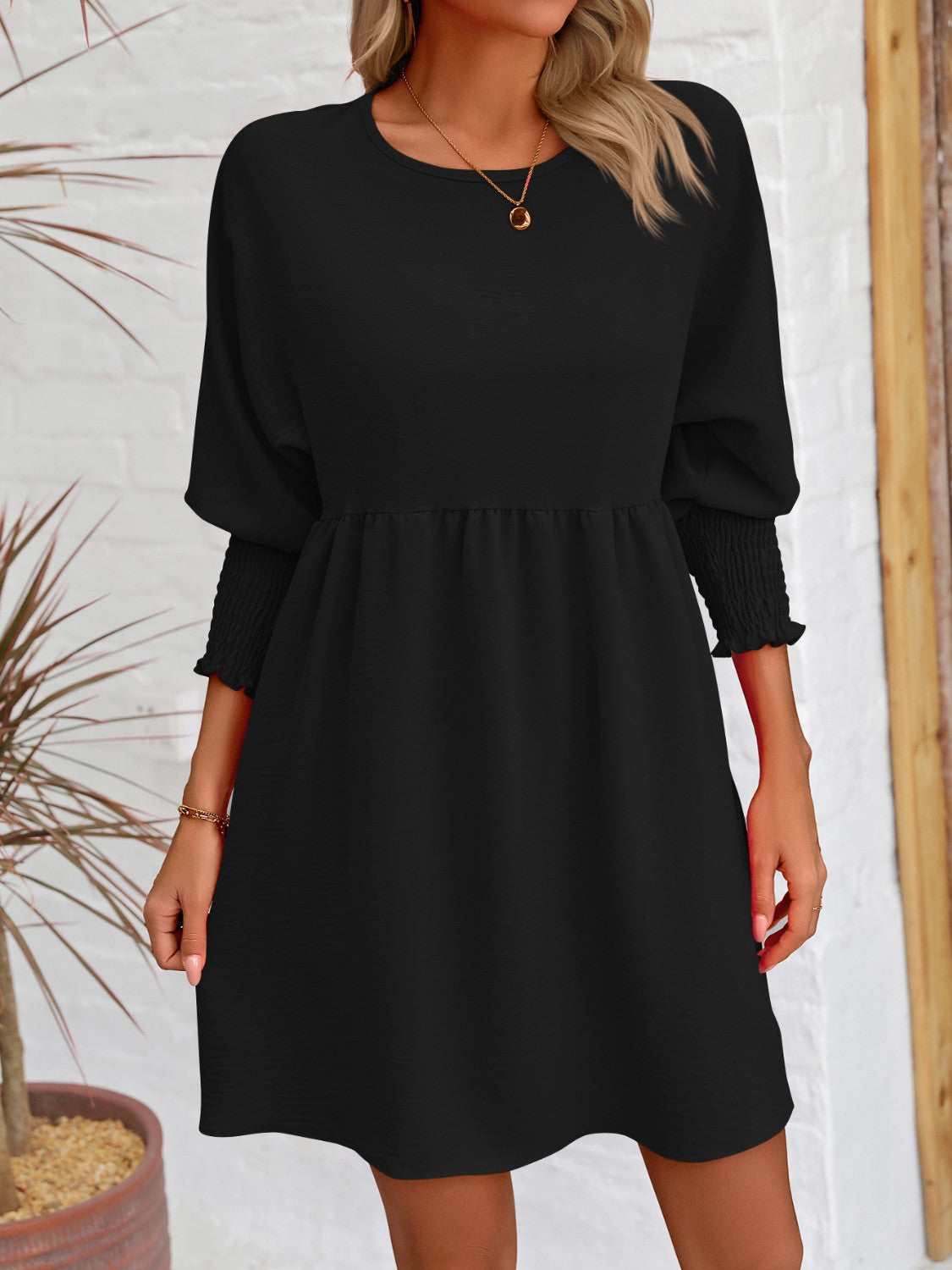 Lantern Sleeve Round Neck Mini Dress