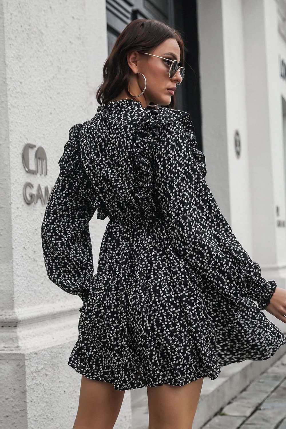 Printed Ruffle Long Sleeve Mini Dress