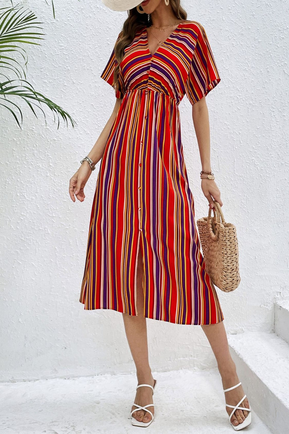 Short sleeve striped v-neck midi dress