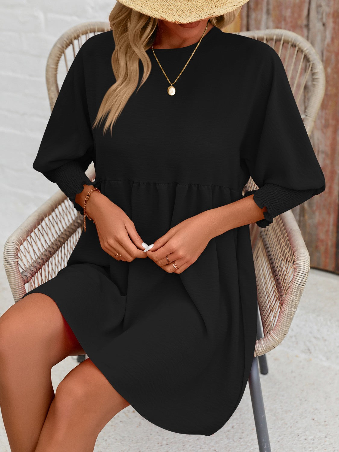 Lantern Sleeve Round Neck Mini Dress