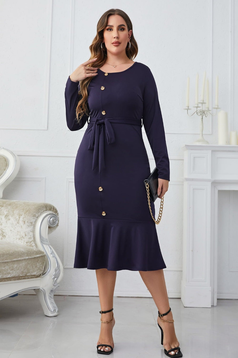 plus size round neck buttoned down tie dress