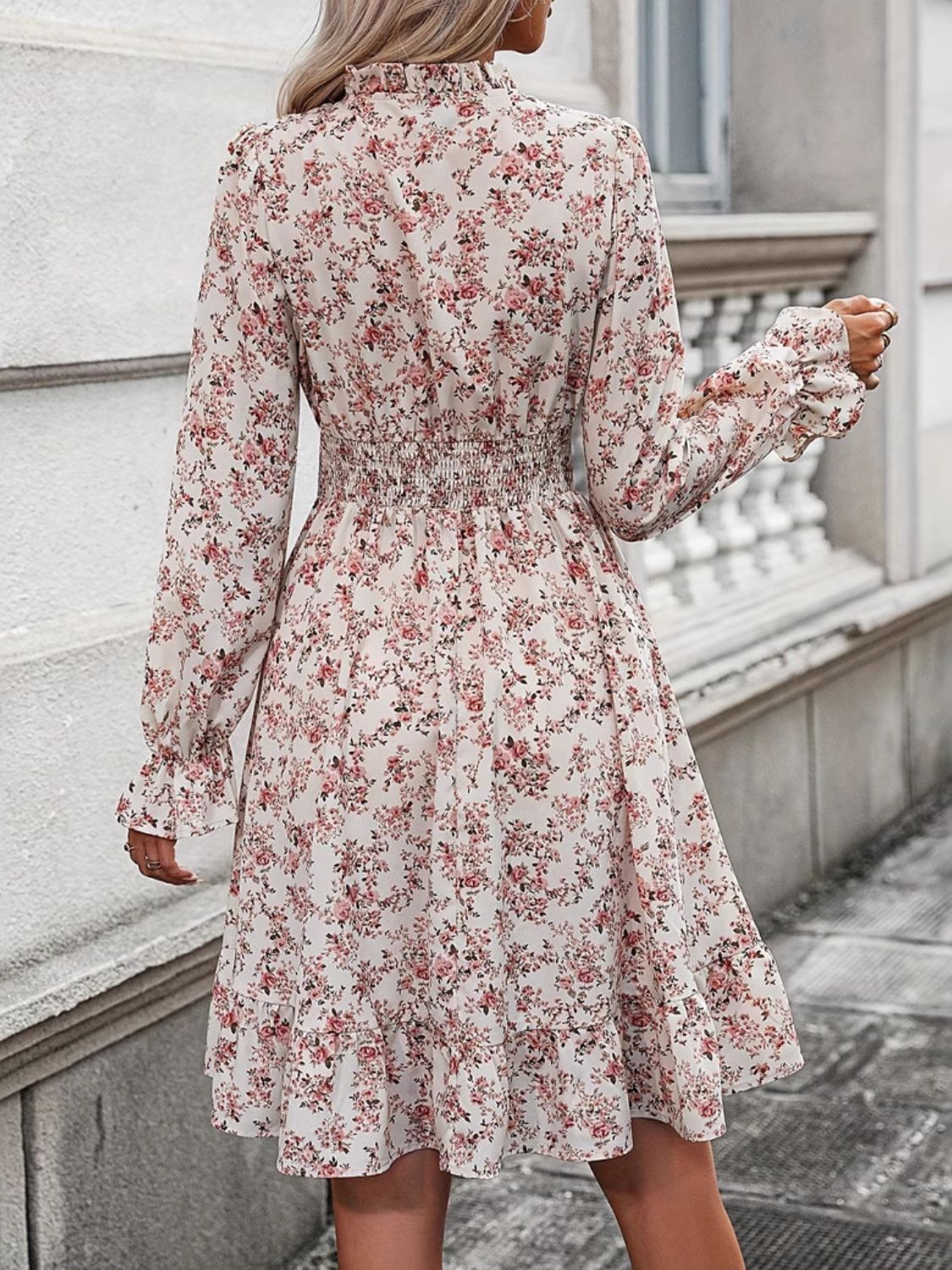 Floral Surplice Ruffle Hem Long Sleeve Dress