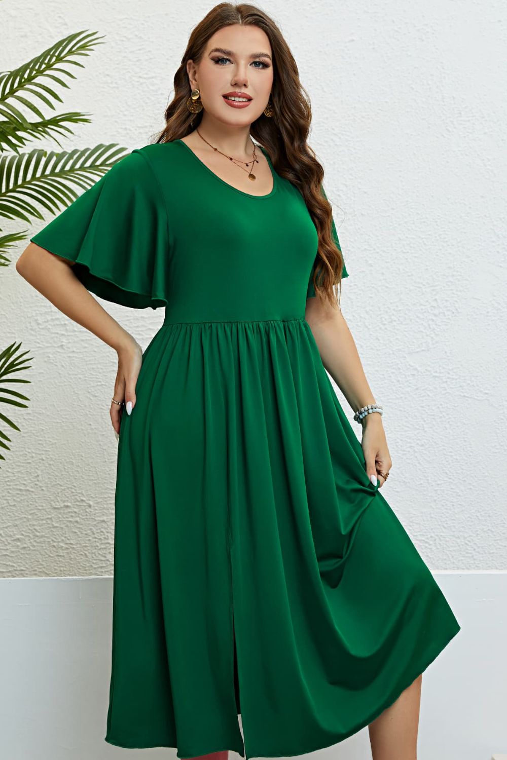 Green Flutter Sleeve Round Neck Dress