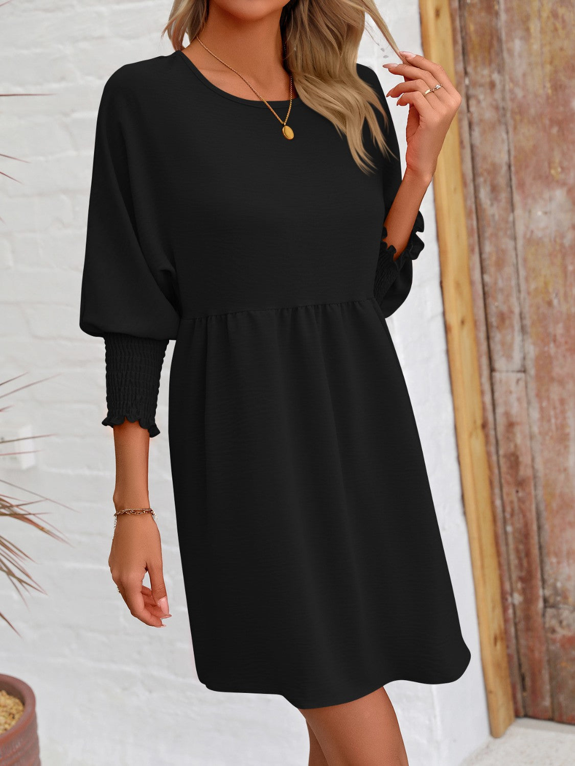 Lantern Sleeve Round Neck Mini Dress