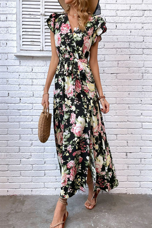 Floral Flutter Sleeve Split Dress