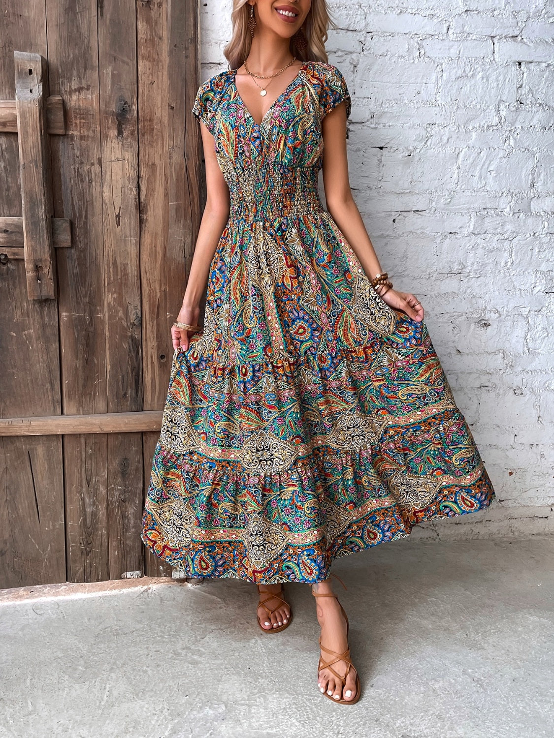 Paisley Cap Sleeve Midi Dress