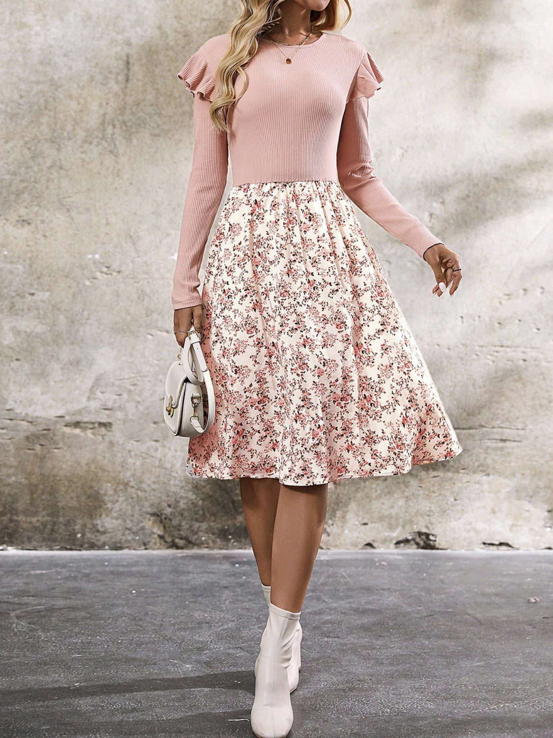 Ruffled Floral Long Sleeve Dress