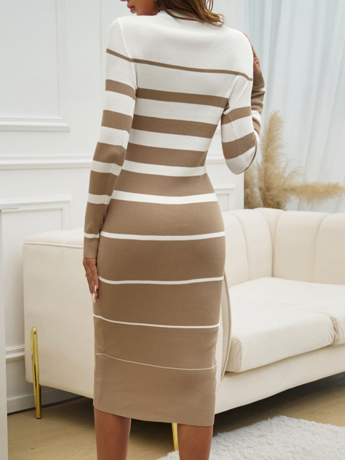 Striped Round Neck Long Sleeve Midi Dress