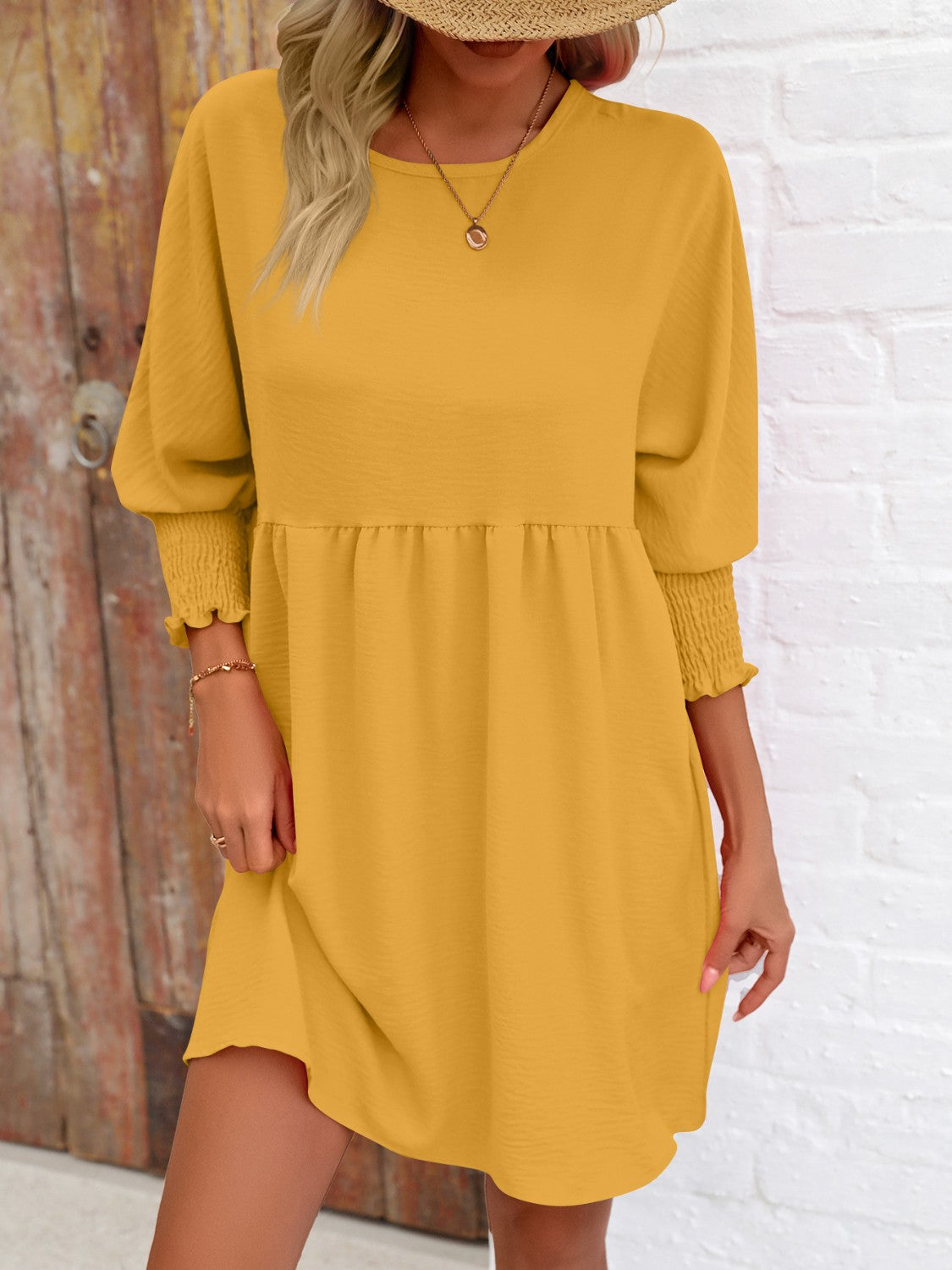 Lantern Sleeve Round Neck Mini Dress