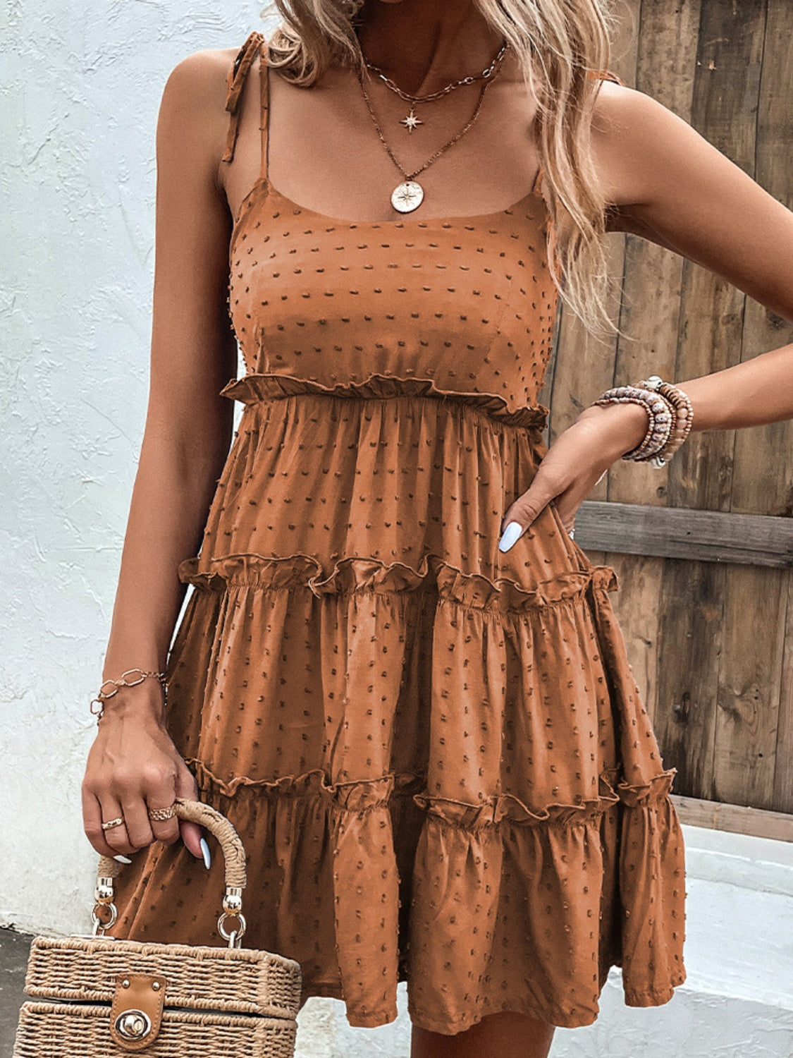 Tied Spaghetti Strap Tiered Frill Dress