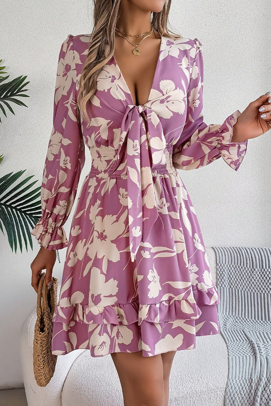 floral long sleeve ruffle dress