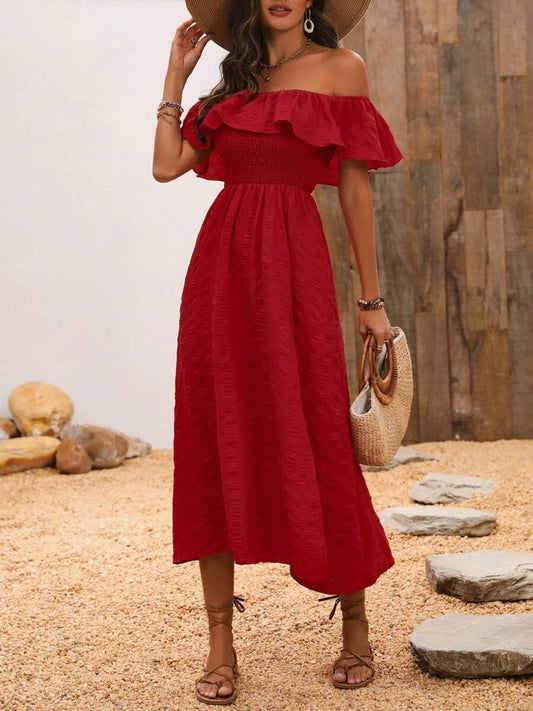 Off-Shoulder Short Sleeve Midi Dress