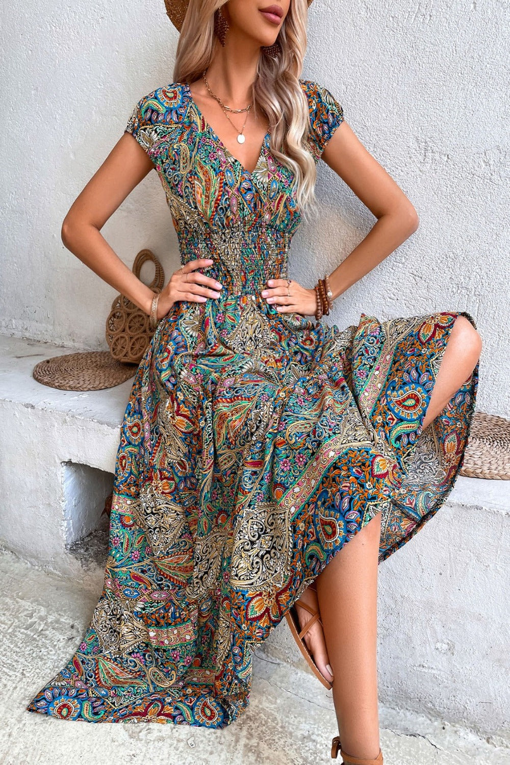 Paisley V-neck cap sleeve midi dress