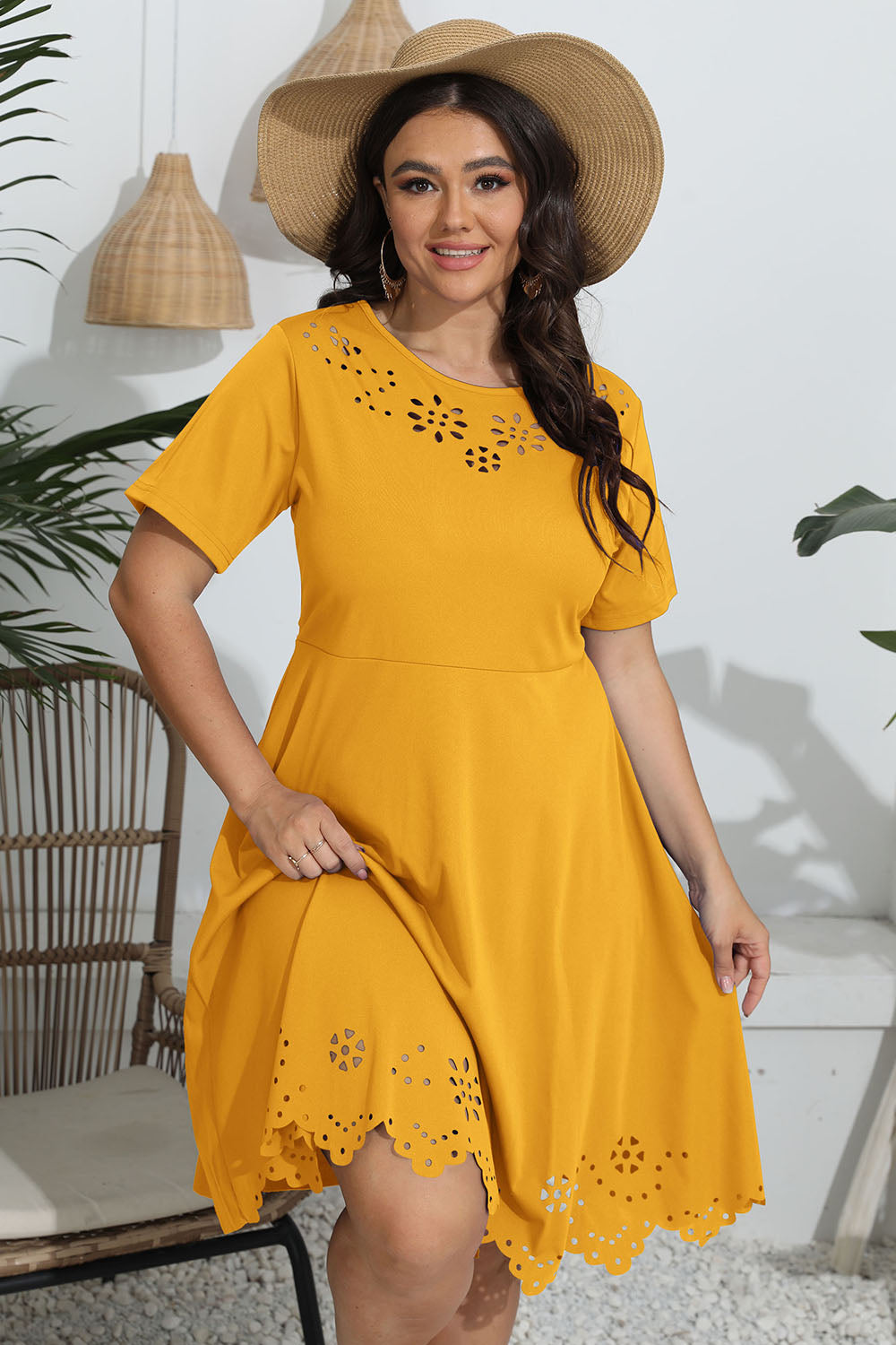 Plus Size Round Neck Eyelet Dress