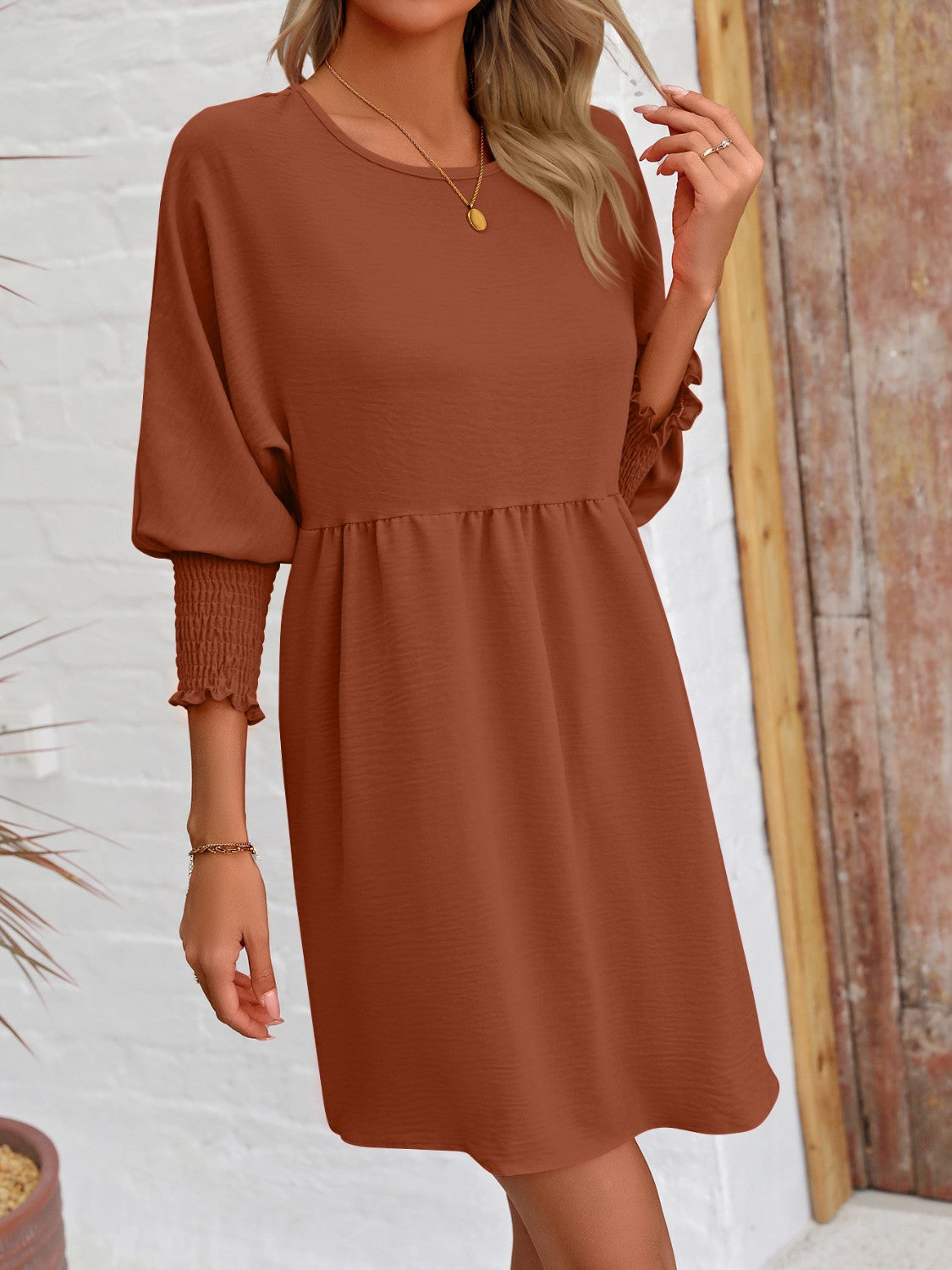 Lantern Sleeve Round Neck Mini Dress