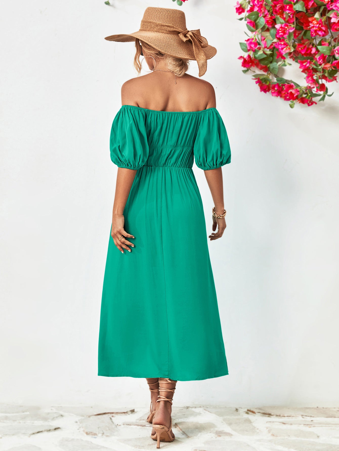 Chic Off-Shoulder Balloon Sleeve Midi Dress