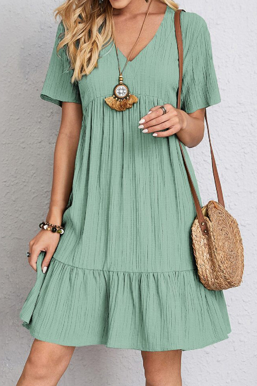 Plus Size Ruched V-Neck Short Sleeve Dress