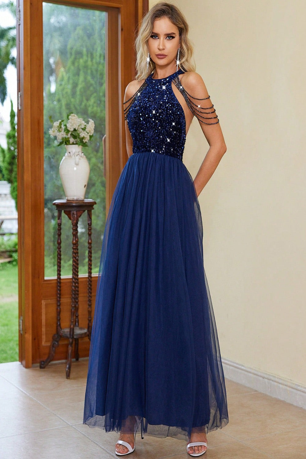 Navy blue halter backless gown