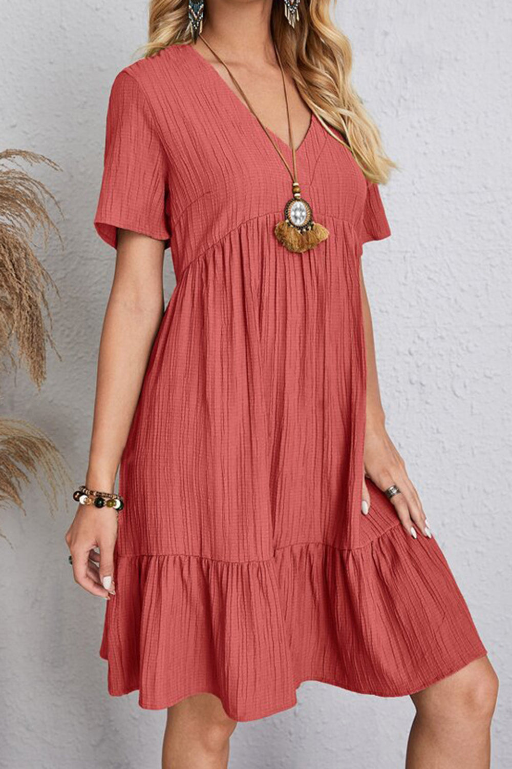 Plus Size Ruched V-Neck Short Sleeve Dress