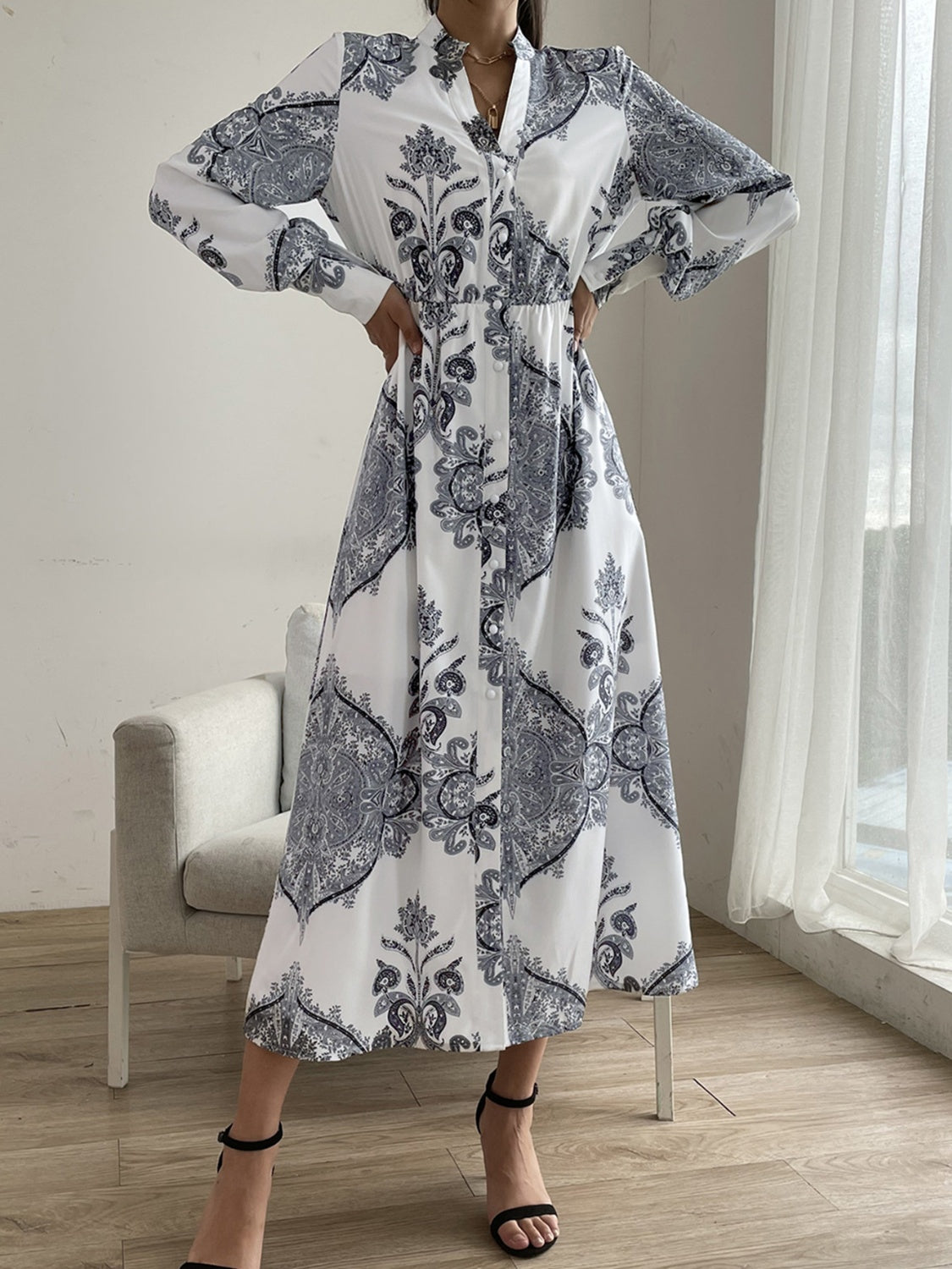 Printed Notched Long Sleeve Lantern Sleeve Midi Dress