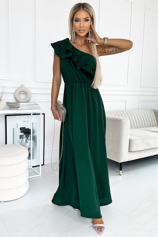 Green One-Shoulder Ruffled Slit Dress