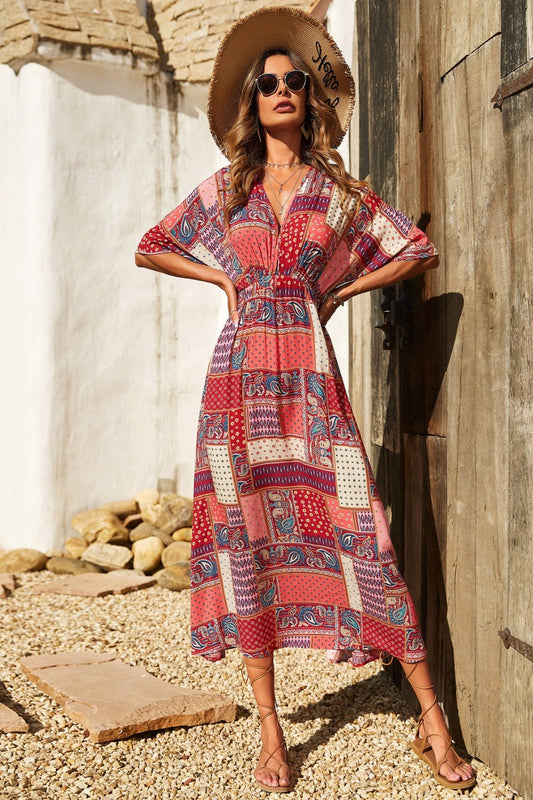 Printed patchwork v-neck midi dress