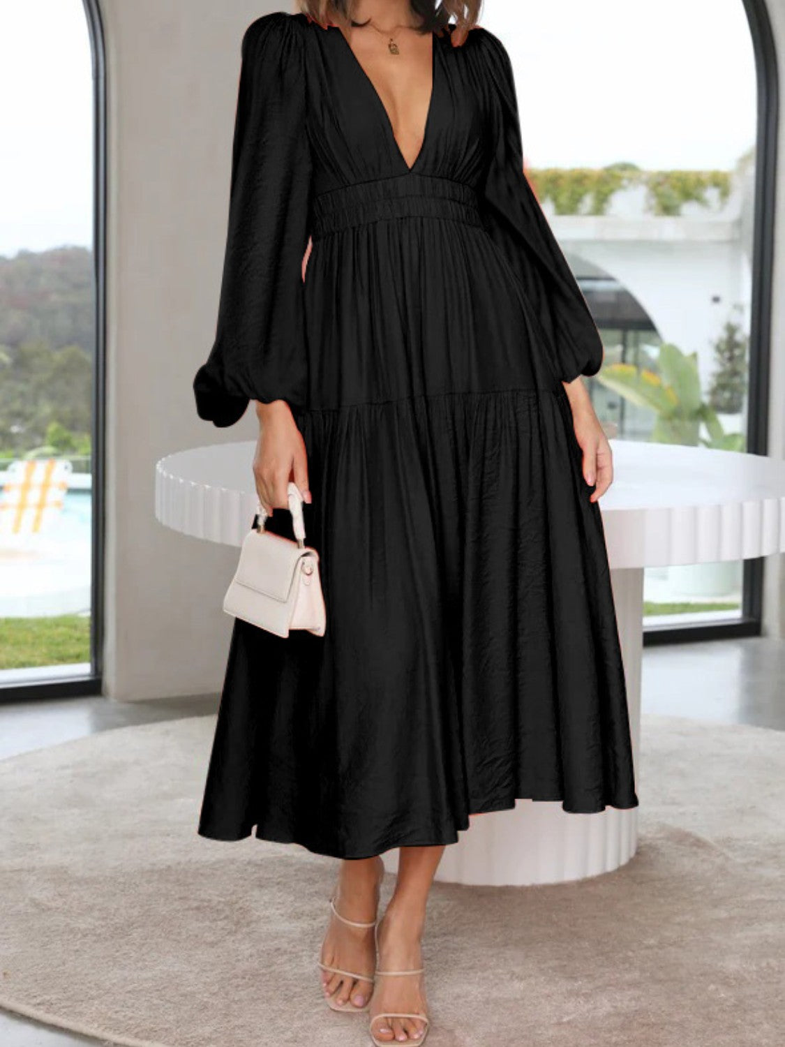 Balloon Sleeve Deep V-Neck Maxi Dress