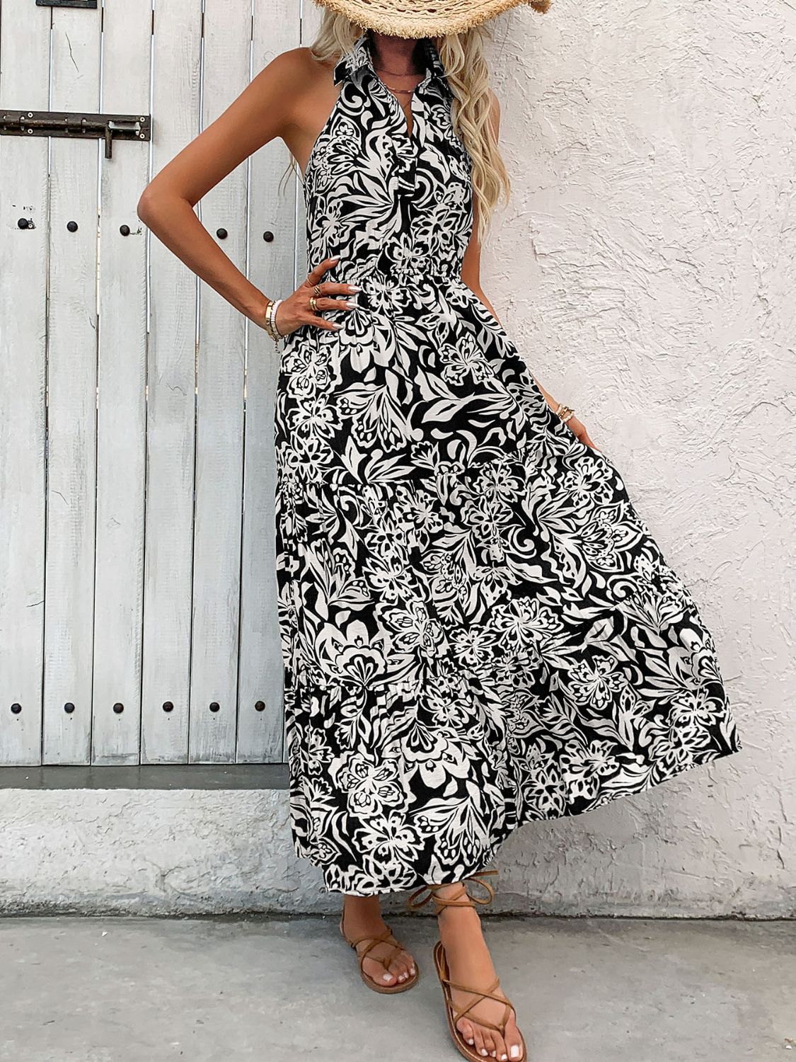 Printed Low Back Sleeveless Midi Dress