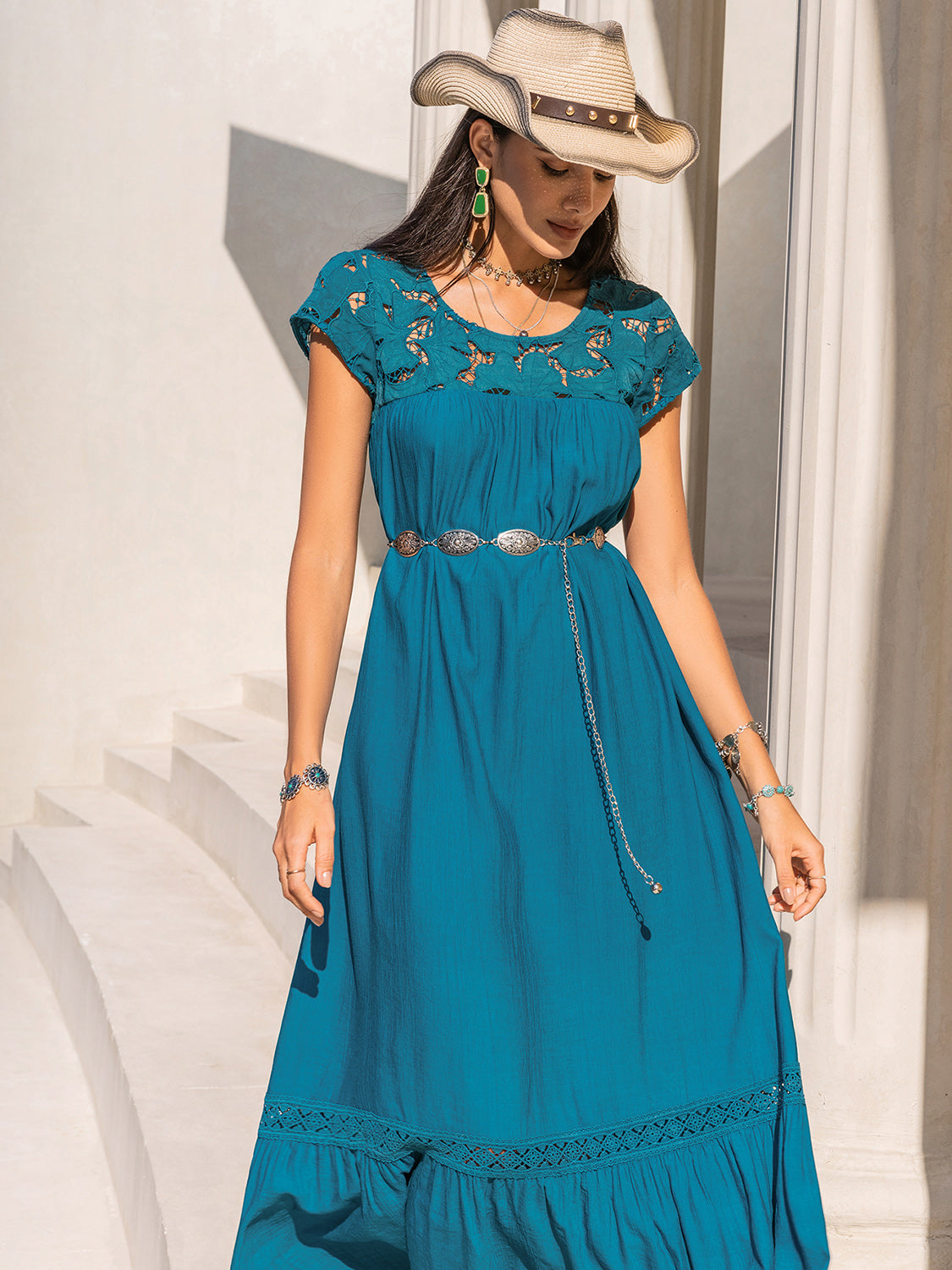 Lace Round Neck Short Sleeve Maxi Dress