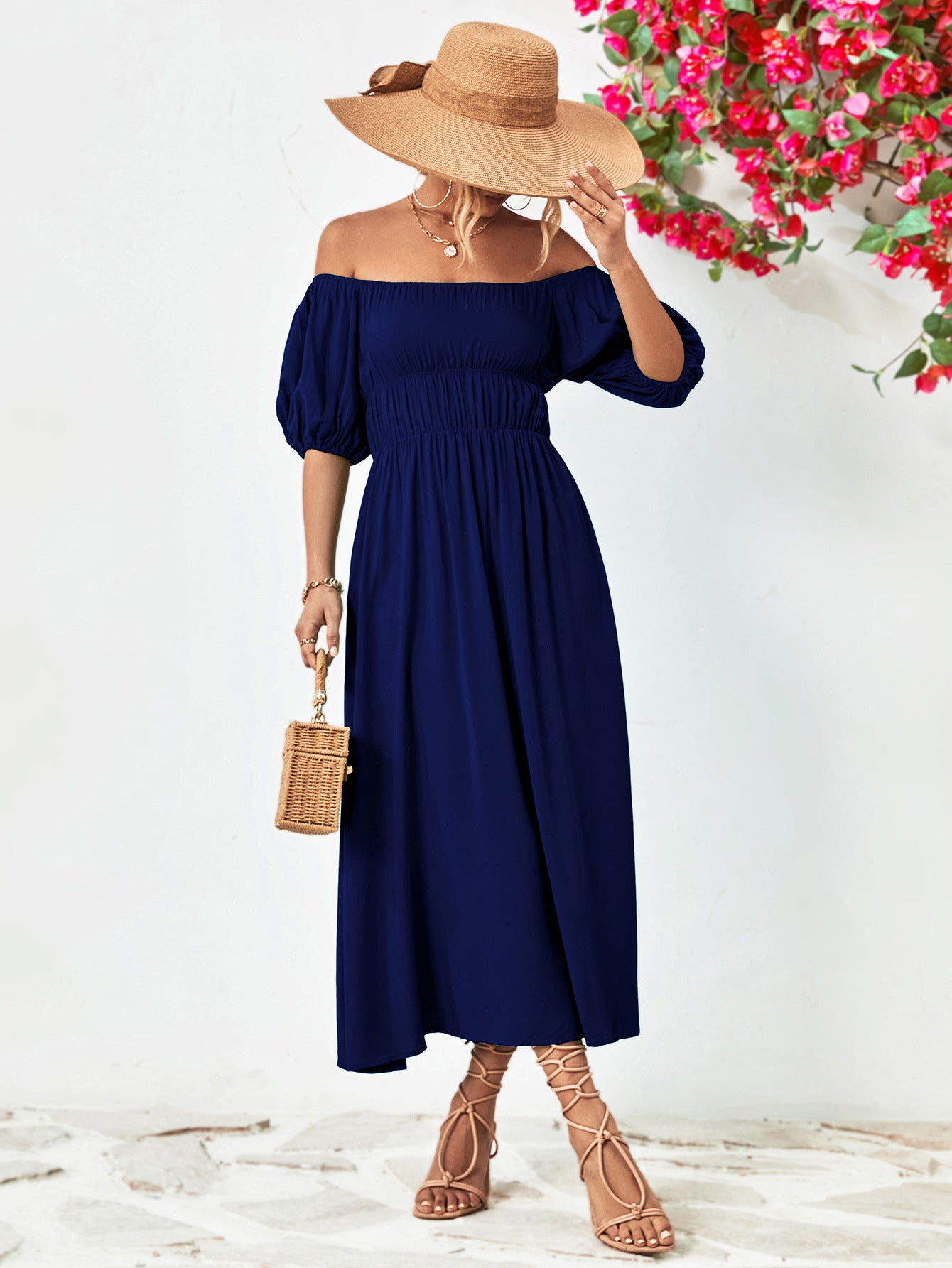 Chic Off-Shoulder Balloon Sleeve Midi Dress