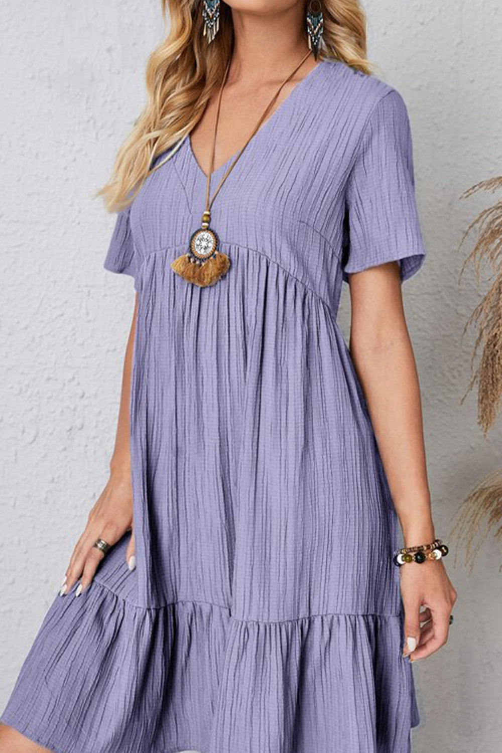 Plus Size Ruched V-Neck Short Sleeve Dress