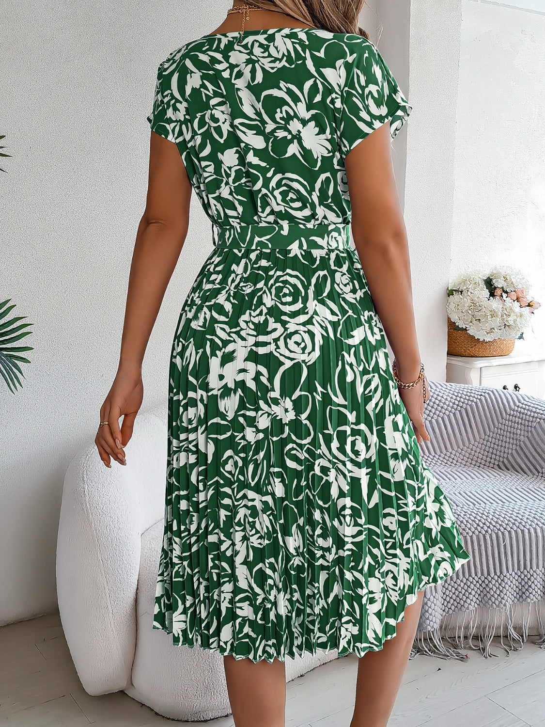 Tied Pleated Floral Printed Short Sleeve Dress