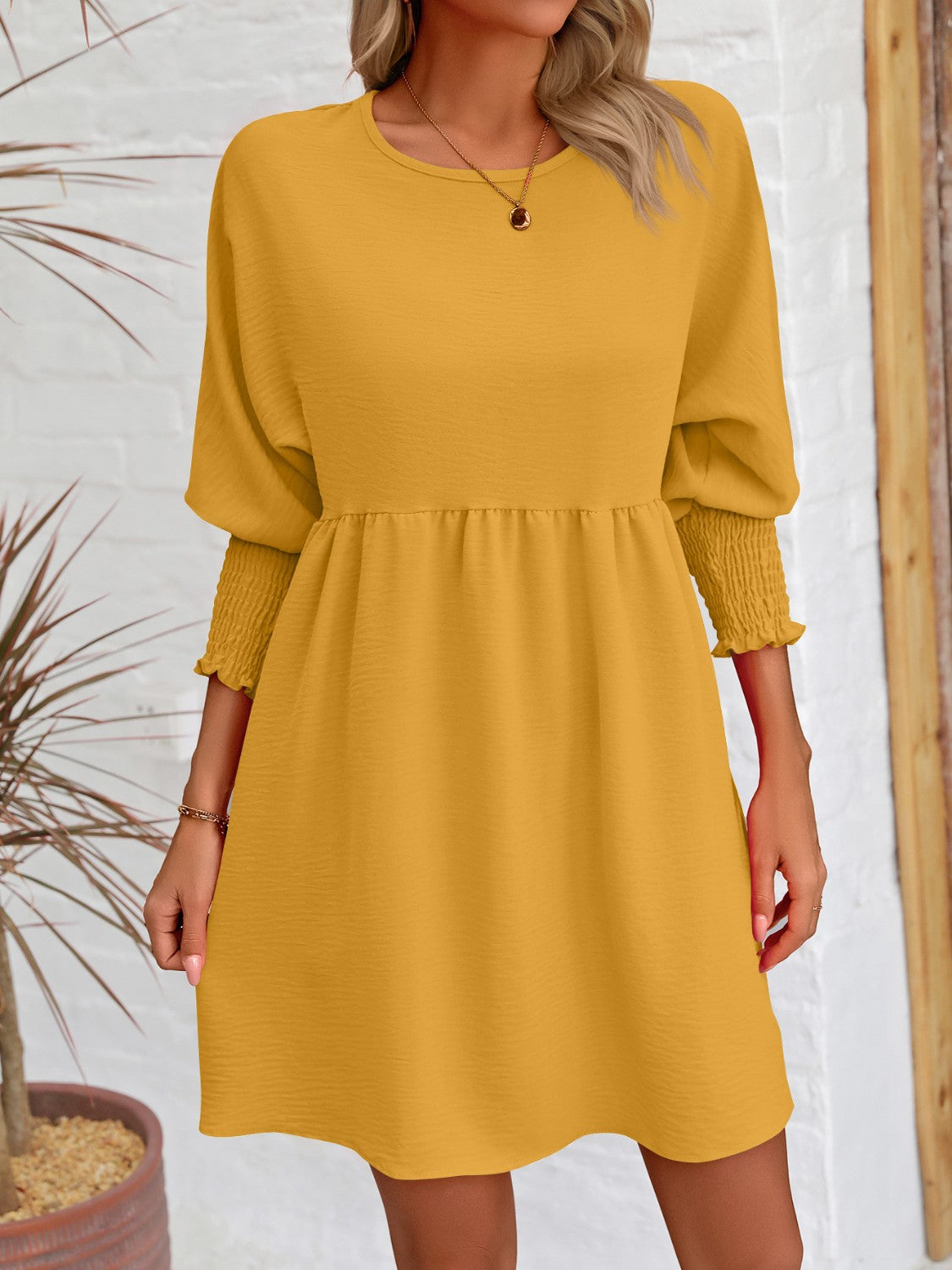 Lantern Sleeve Round Neck Mini Dress