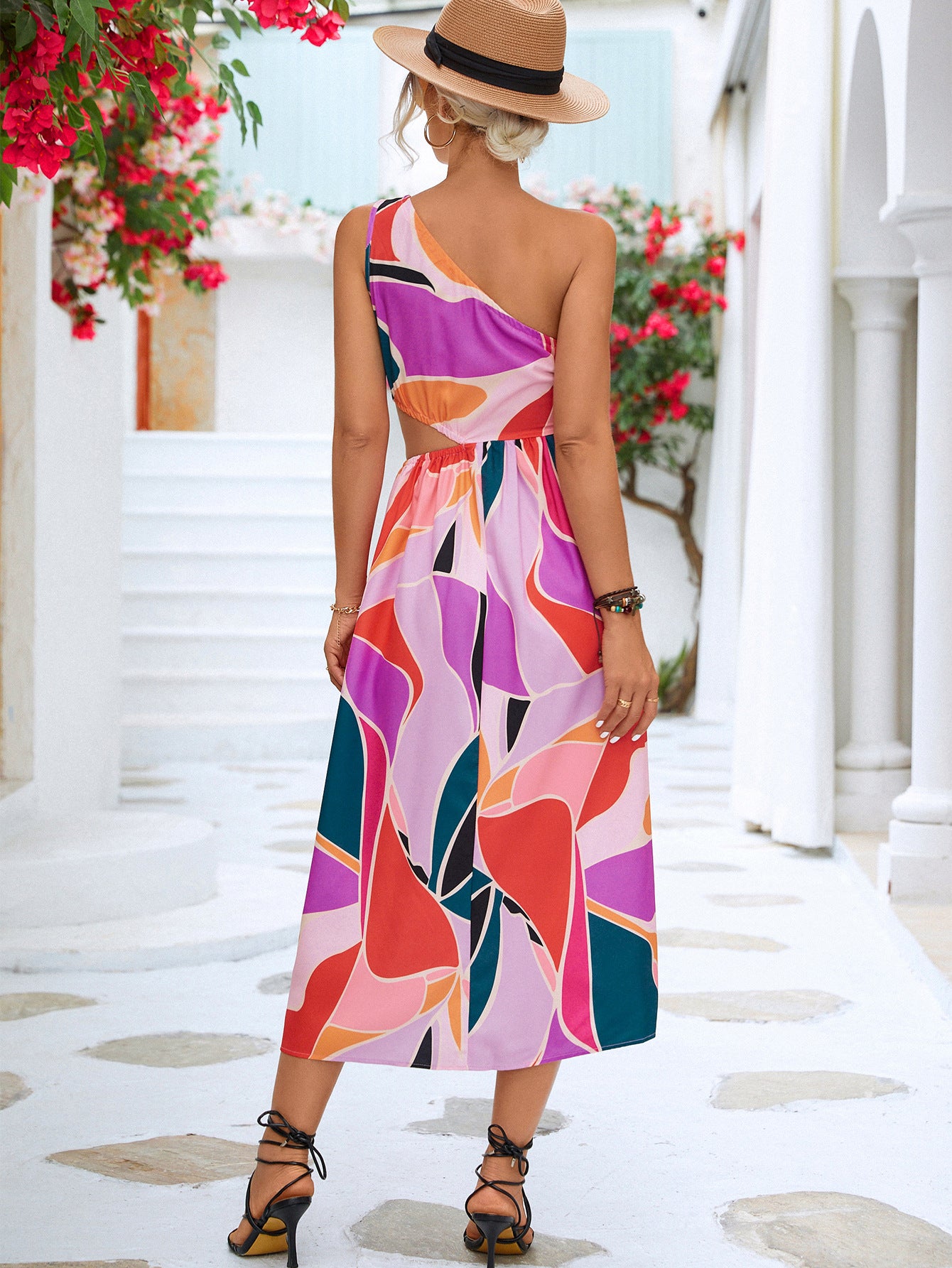 Printed One-Shoulder Sleeveless Cutout Dress