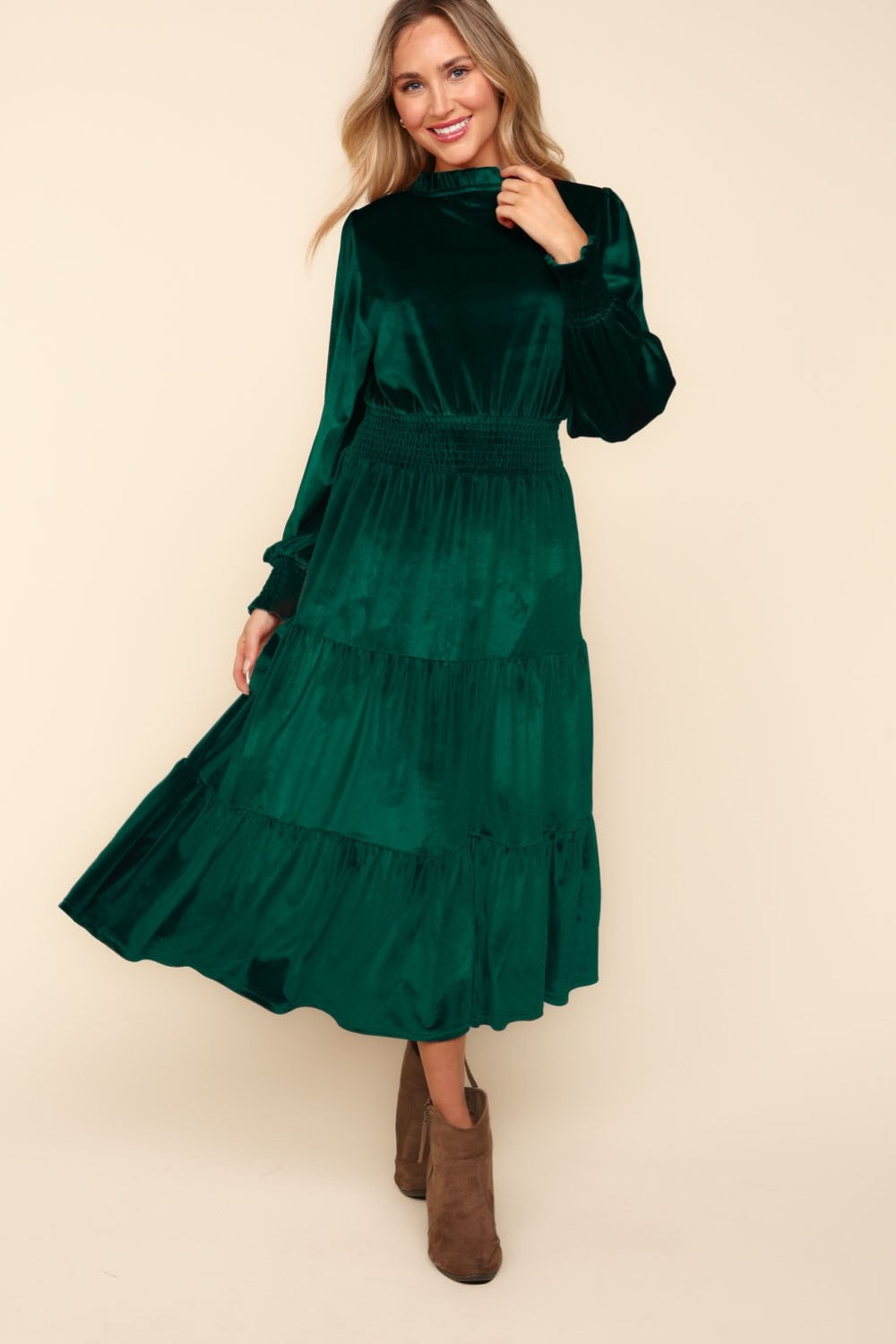 Mock Neck Smocked Waist Velvet Tiered Maxi Dress