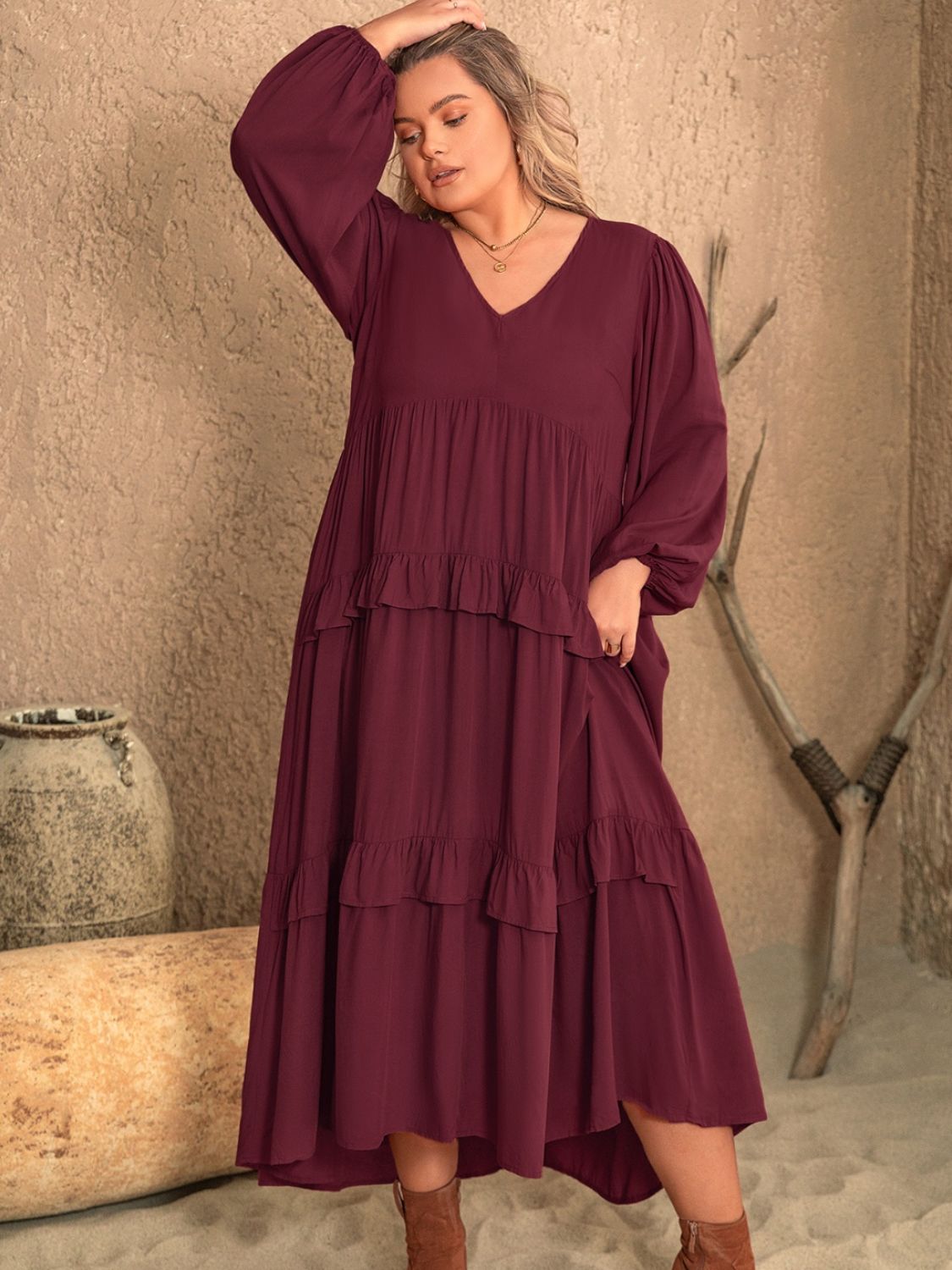 Plus Size Ruffled V-Neck Long Sleeve Maxi Dress