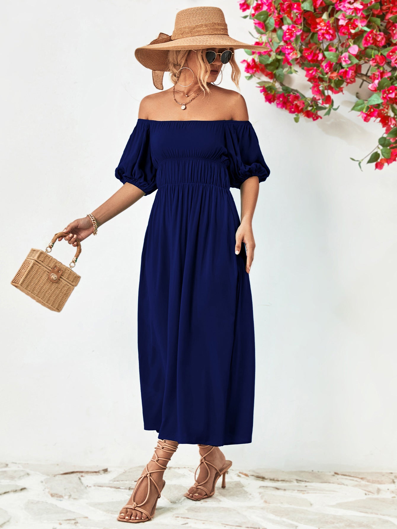 Chic Off-Shoulder Balloon Sleeve Midi Dress