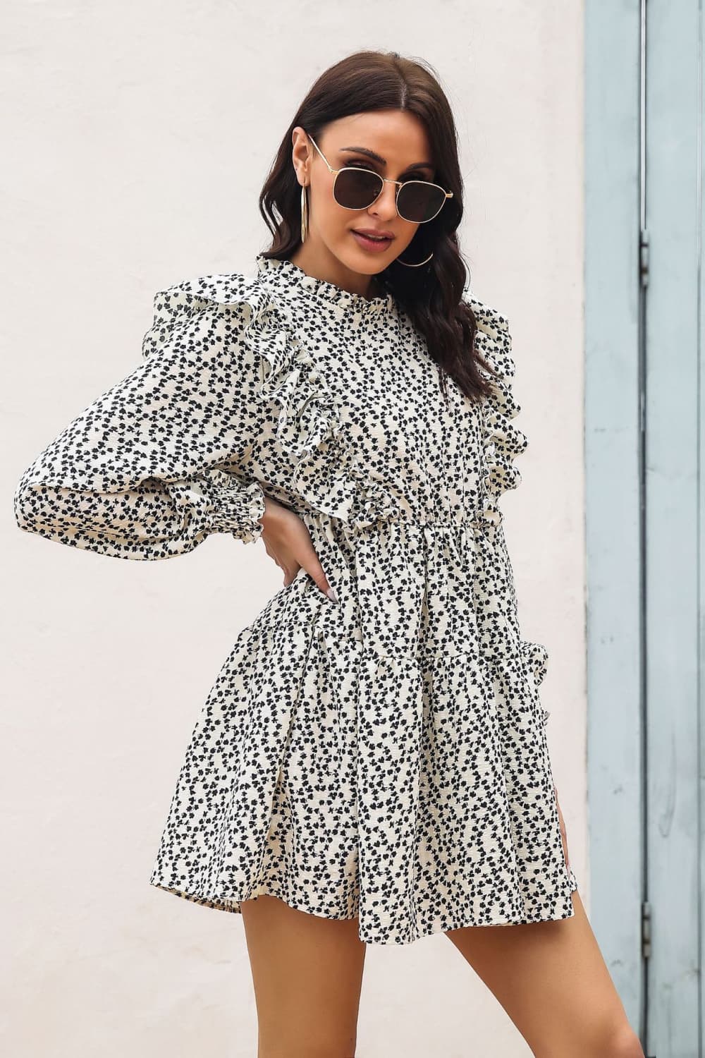 Printed Ruffle Long Sleeve Mini Dress