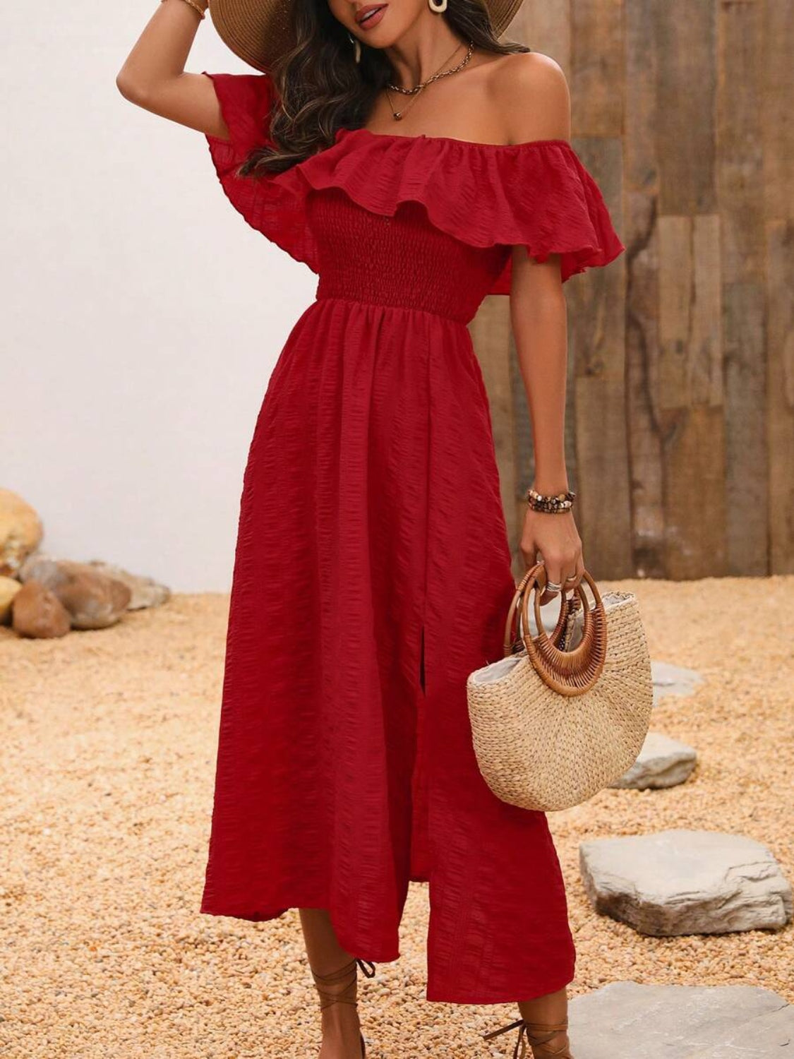 Off-Shoulder Short Sleeve Midi Dress