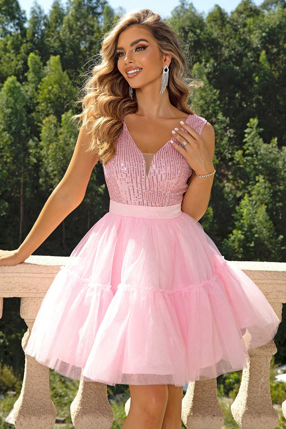 Pink Sequin Sleeveless Mesh Dress