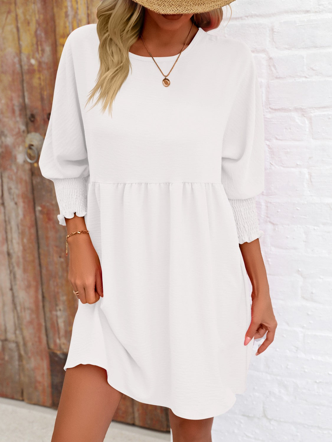 Lantern Sleeve Round Neck Mini Dress