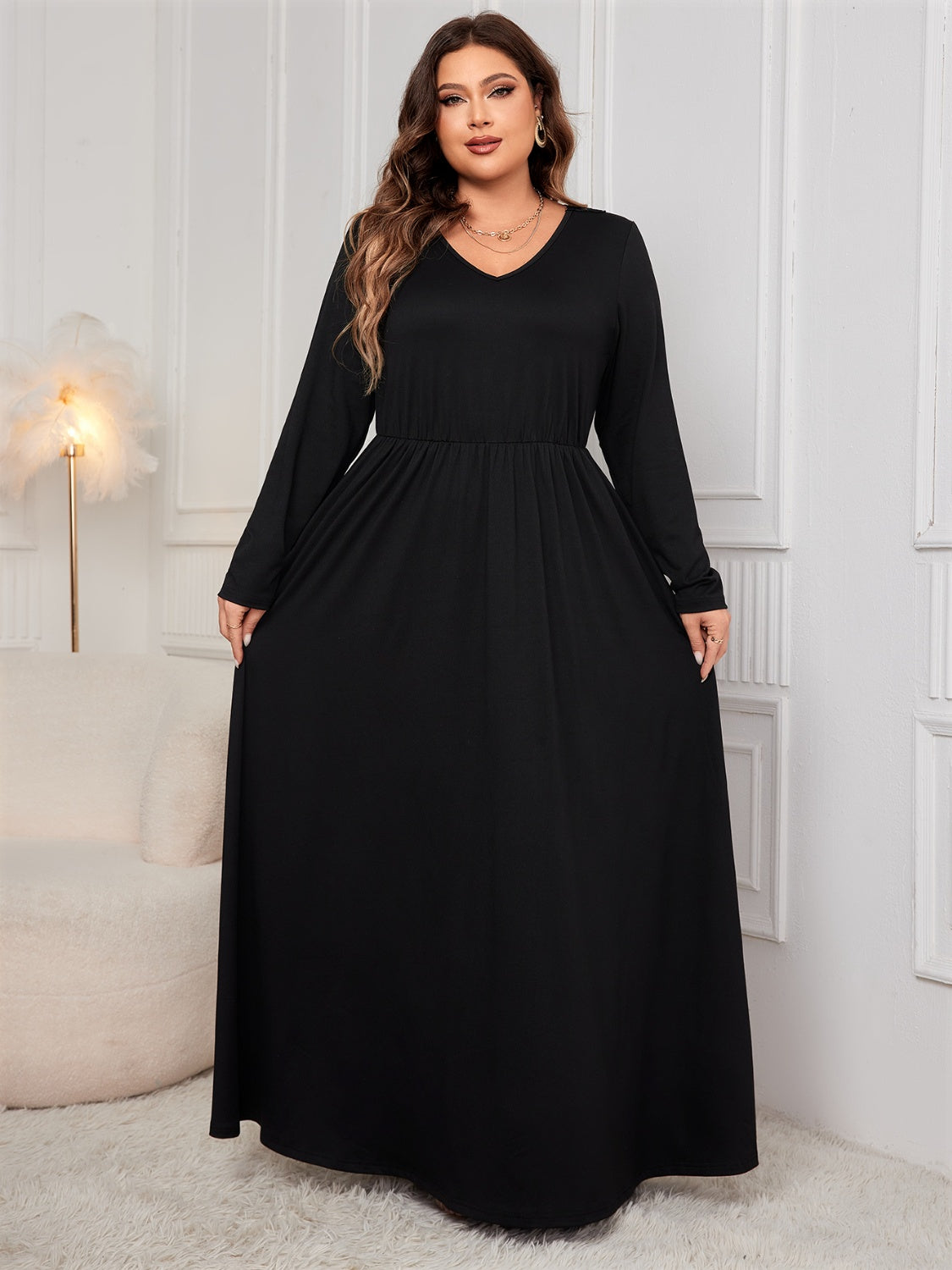 Plus Size Cutout Back V-Neck Long Sleeve Maxi Dress