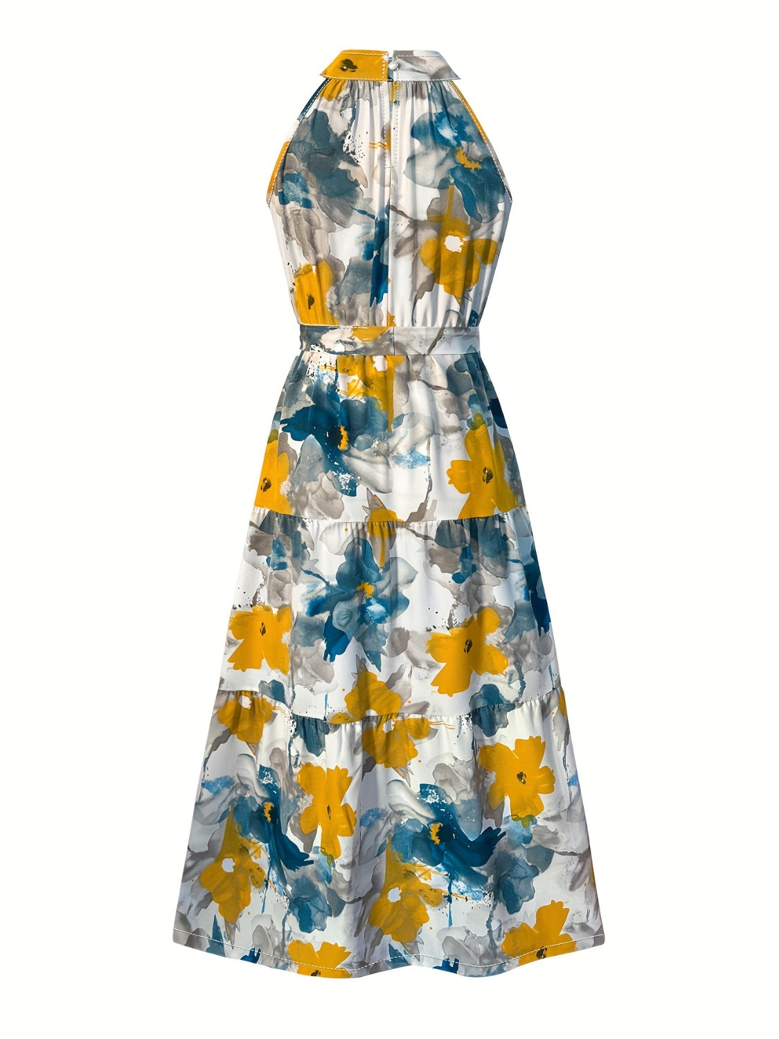 Tiered Floral Printed Mock Neck Sleeveless Dress