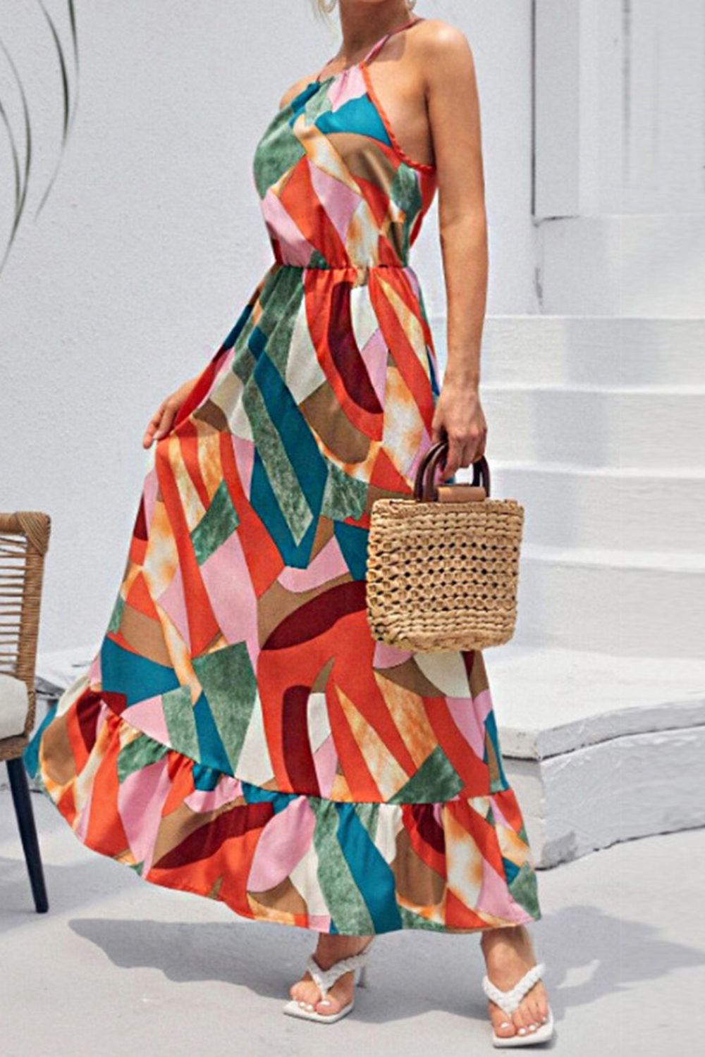 Colorful Tied Grecian Neck Maxi Dress