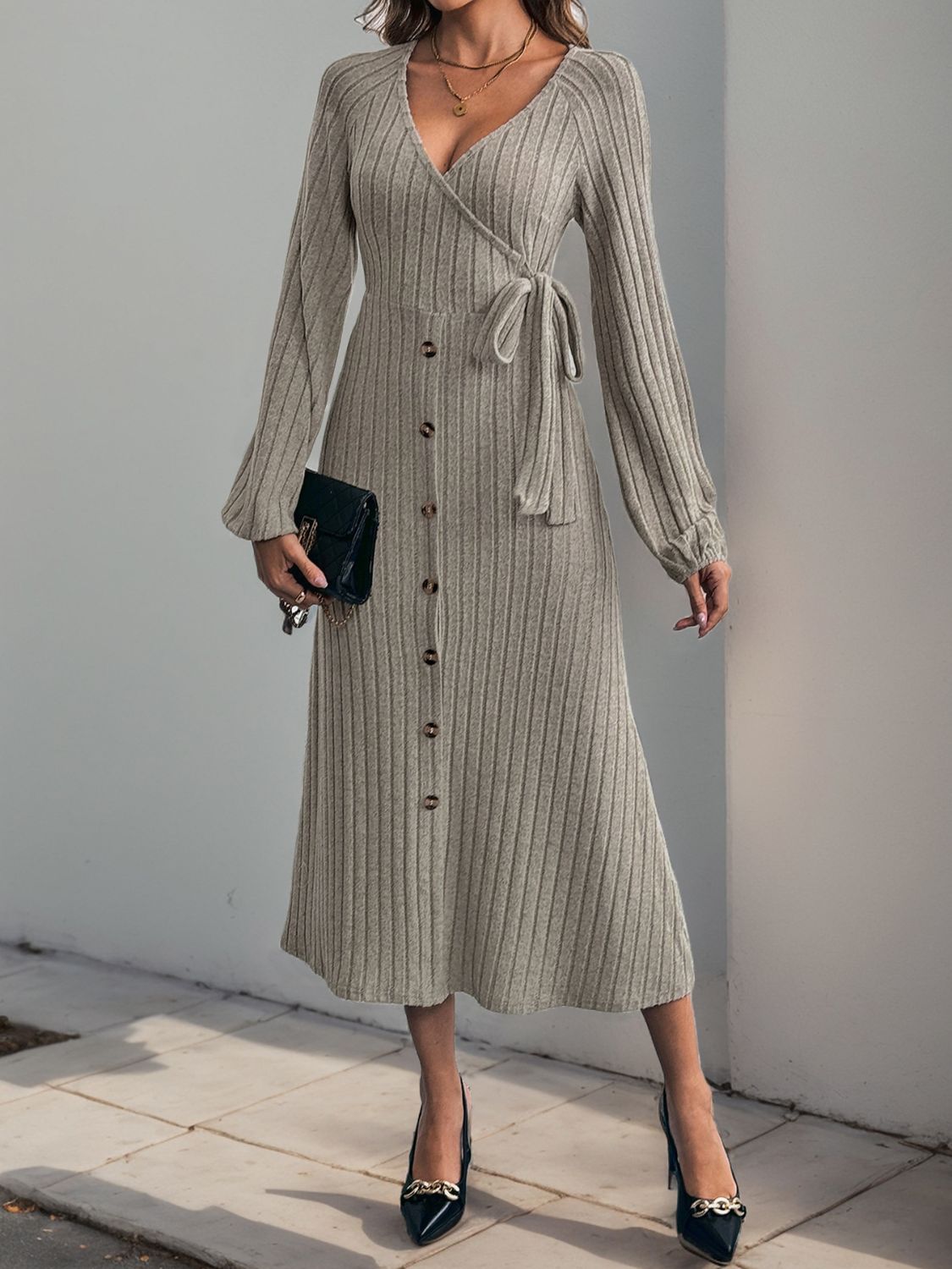 Ribbed Tied Surplice Long Sleeve Wrap Dress