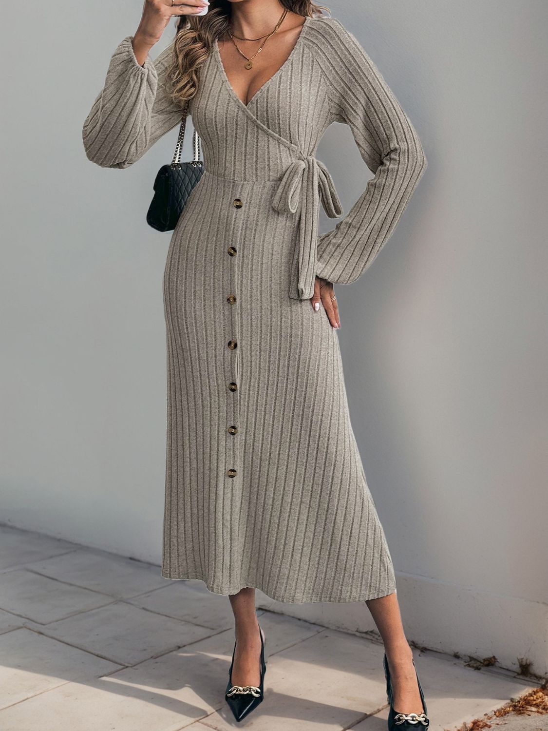 Ribbed Tied Surplice Long Sleeve Wrap Dress