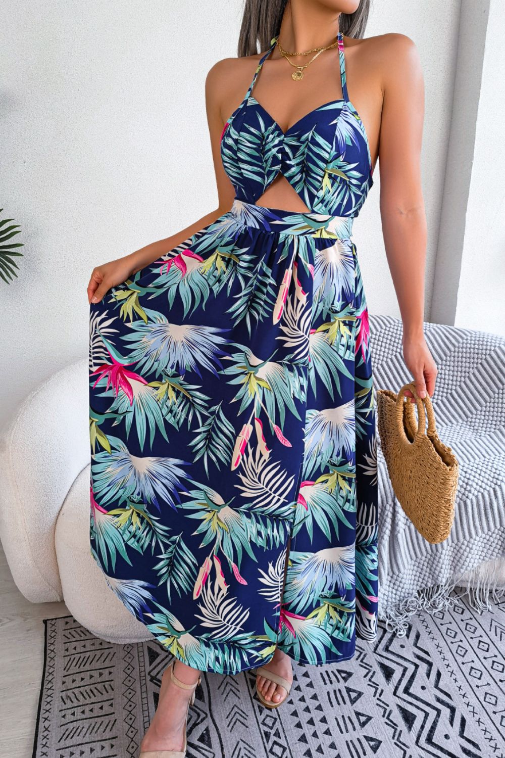 Botanical Print Backless split Dress