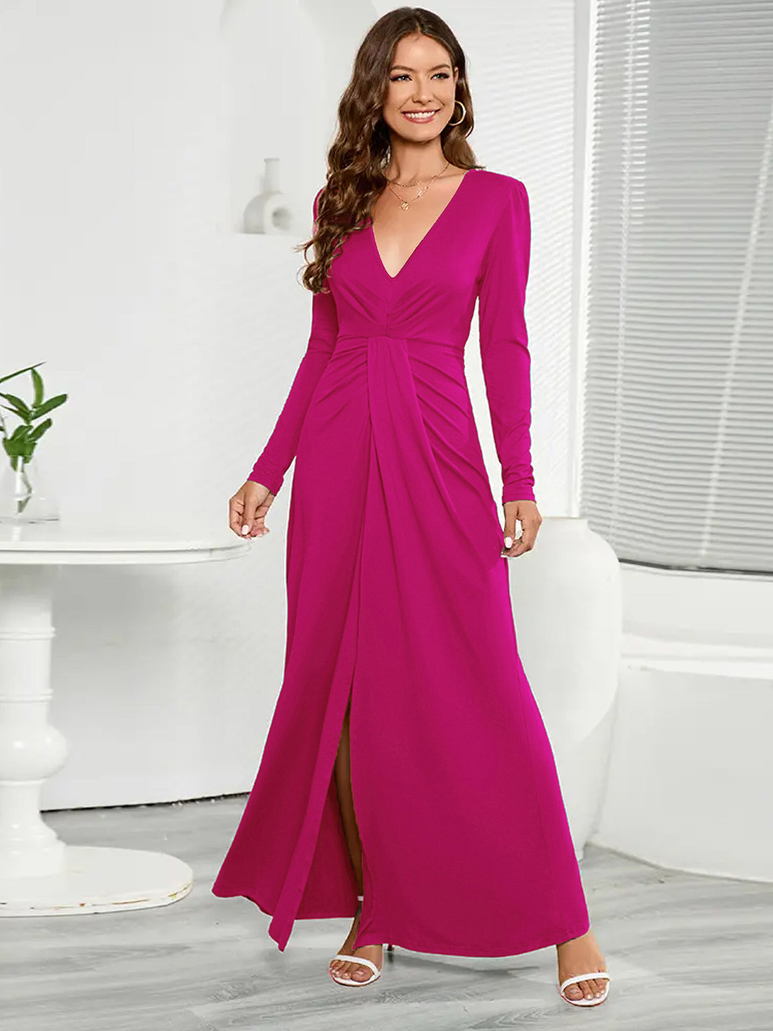 Deep V-Neck Long Sleeve Split Dress